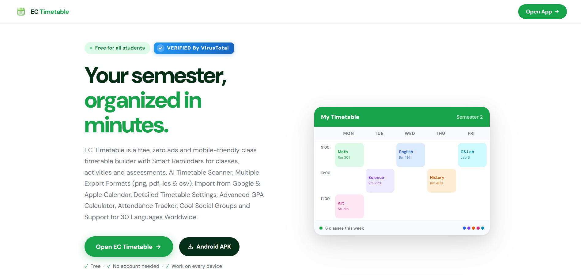 Screenshot of the ECTimetable class timetable app